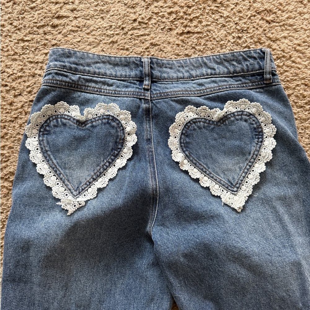 Heart Pocket Blue Jeans with Lace Detail